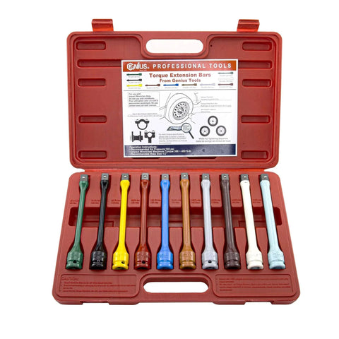 10 Piece 1/2" Drive Torque Extension Bar Set, Color-Coded, 60 ft.lbs.~150 ft. lbs., open red case showing bars