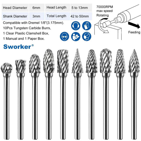 Ten Piece Tungsten Carbide Burr Set With One Eighth Inch Shank For Dremel Milwaukee DeWALT Rotary Tools Attachment Kit