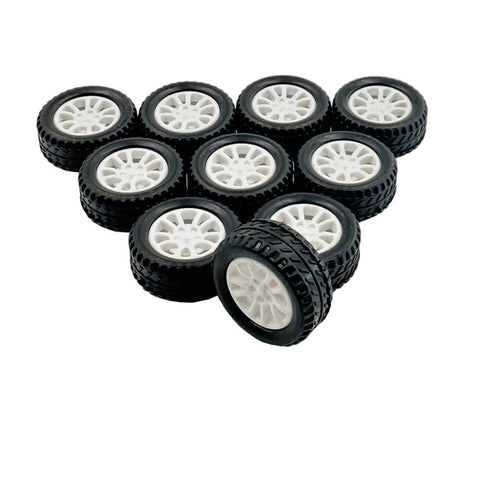 10pcs Toy Car Wheels 20mm Rubber Tires with 1.9mm Hole for 2mm Shaft DIY Model Accessories arranged in a triangle
