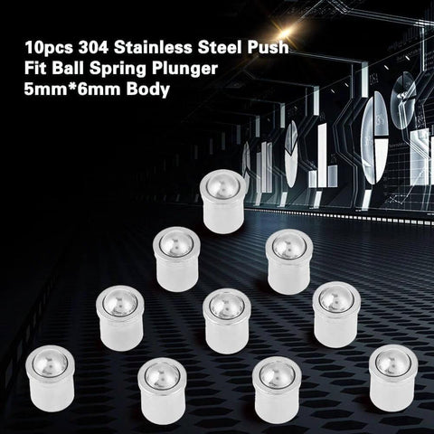 10 pcs 304 stainless steel push fit ball spring plungers with 5mm x 6mm body displayed on a digital background