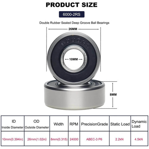 10 PCS 6000-2RS Double Rubber Seal Bearings 10x26x8mm product size chart showing dimensions and bearing specifications.