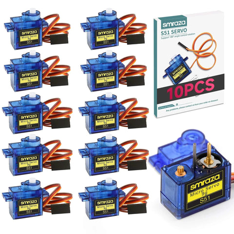 10 Pcs SG90 9G Micro Servo Motor Kit (Metal Gear) for Arduino Projects, showing blue servo motors with wires and packaging.