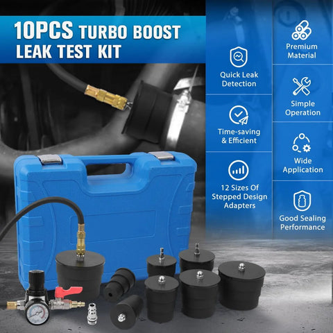 Turbo Boost Leak Tester Kit 10pc with blue carrying case, pressure gauge and black adapters.