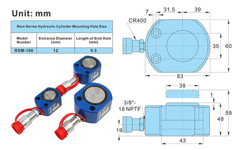 Technical diagram and measurement chart of the ✝️ 10T Hydraulic Ram Cylinder Low Profile Hydraulic Cylinder Jack Single Section Mini Jack Ram 12mm Stroke.