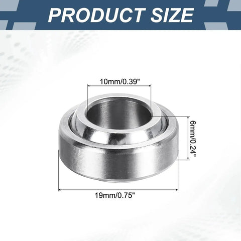 Compact 10x19x6mm spherical bearing pair pre-lubed for low noise ABEC 3 precision, built from GCr15 steel, shown with dimensions.