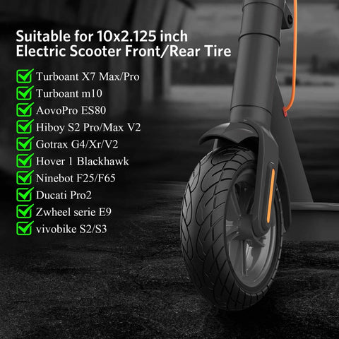 10x2.125 solid electric scooter tire on front wheel with compatibility list for Gotrax G4 Xr V2 Ninebot F25 F65