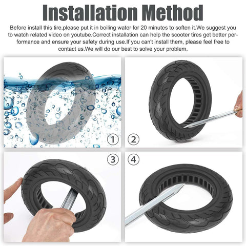 Installation method for 10x2.125 Scooter Tire, 10 inch Solid Rubber Tires Tubeless; sequence showing steps to fit tire on scooter rim