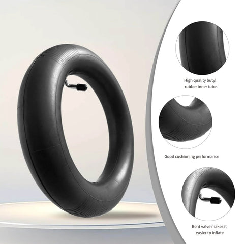 10x2.75-6.5 scooter tire tube with valve, shown in close-up, made of high quality butyl rubber, suitable for 10 inch tires replacement.