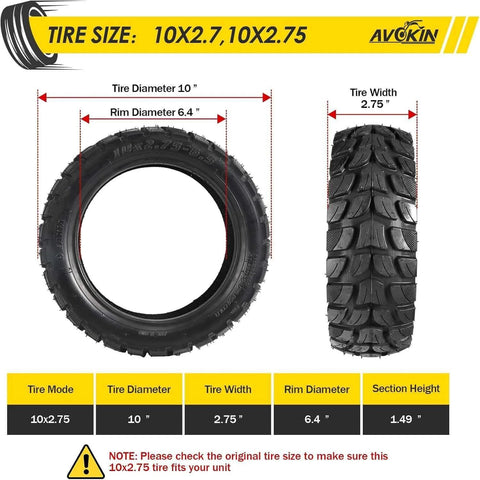 10x2.75-6.5 Scooter Tire Off Road showing tire diameter, width, and specifications