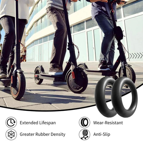 Riders on scooters with two 10x2.75-6.5 scooter tire tube, 70/65-6.5 Inner Tube, 10 inch Tires Replacement displayed.