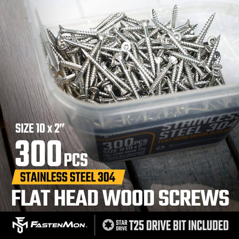 300 PCS Bulk Box of #10x2 Stainless Steel Deck Screws, 304 Grade, T25 Star Drive Bit for Outdoor Wood Projects