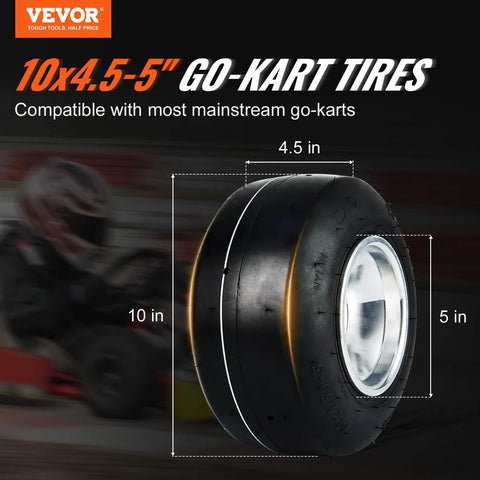 Go Kart Tires and Rims, 10x4.5-5" Go Kart Wheels with Aluminum Alloy Rims and Rubber Tires, for Racing Vehicles