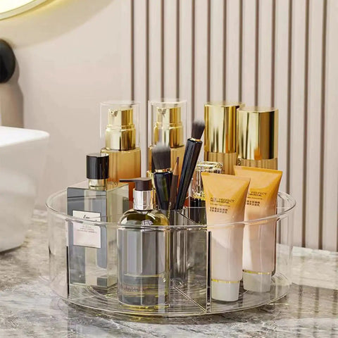Rotating Makeup Organizer Turntable 11.5 Inch Large Cosmetic Storage with five dividers for skincare, makeup brushes, and beauty tools on a vanity