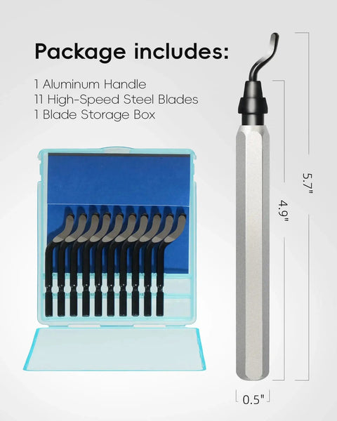 11 Blade Deburring Tool With Premium High Speed Steel Blades and ergonomic anodized aluminum handle next to storage box