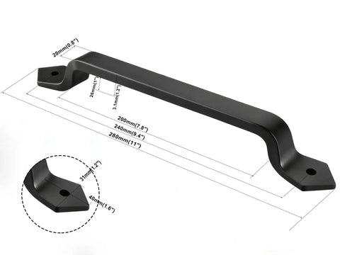 Heavy Duty Cast Iron 11-Inch Barn Door Handle For Sliding Doors with mounting dimensions and close-up detail