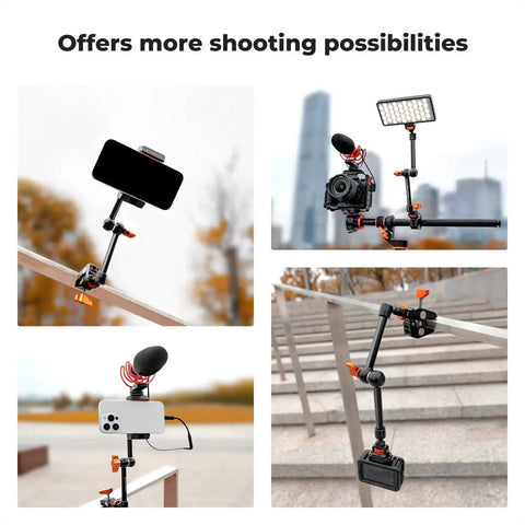 11 Inch Magic Arm Clamp Kit with ARRI One Quarter and Three Eighths Inch Screws, 360 Degree Ball Head, mounting cameras and lights