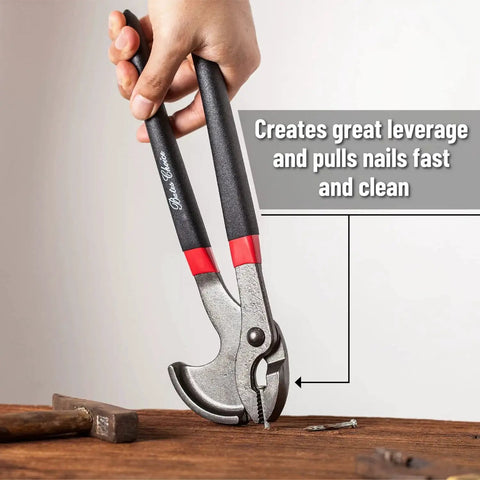 11 Inch Cats Paw Nail Puller Tool For Easy Nail Removal With High Carbon Steel Construction And Soft Grip Pliers shown in use