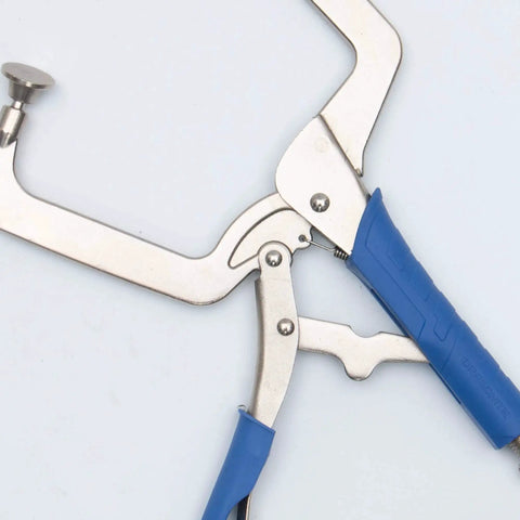 Effortless 11 Inch Quick Release Pocket Hole Clamp Set for 90 Degree Corner Joints with blue handles and metal jaws