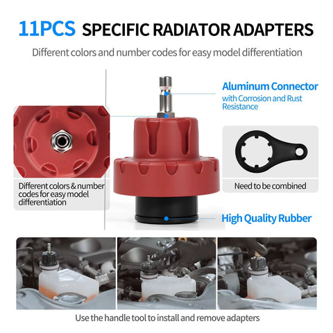 11-piece radiator adapters kit for automotive cooling system; red plastic tester with aluminum connector and rubber base.