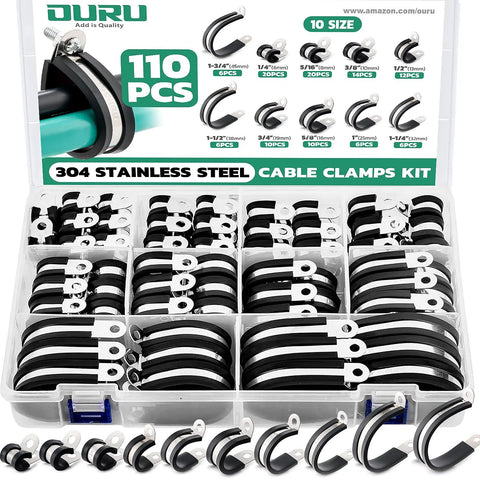 Cable clamps kit by OURU, 110pcs, 304 stainless steel, rubber-coated, 10 sizes