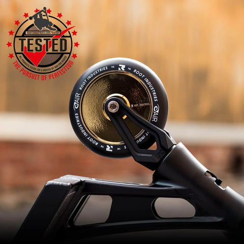110mm AIR Scooter Wheels Black Gold Lightweight Durable Pro Scooter Wheels installed on scooter, showcasing smooth control design.