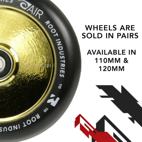 Close-up of 110mm AIR Scooter Wheels Black Gold with text about size options and pairs