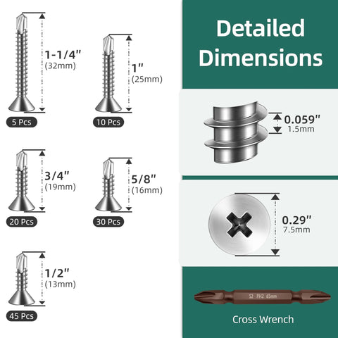 110pcs #8 410 Stainless Steel Flat Head Self Drilling Screws Assortment Kit with dimensions for easy installation