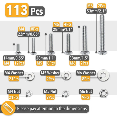 Diagram showing 113 Piece Bolts Nuts And Washers Assortment Kit Galvanized Iron Hardware Set For Home Repair with sizes and quantities.