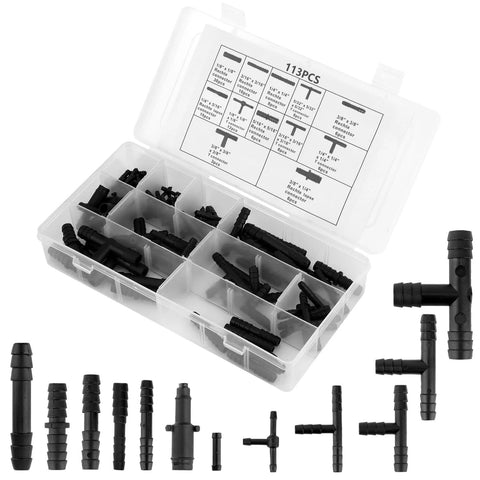 Automotive vacuum connector set, 113 pcs, 12 sizes, black plastic fittings in clear case, Amazon brand