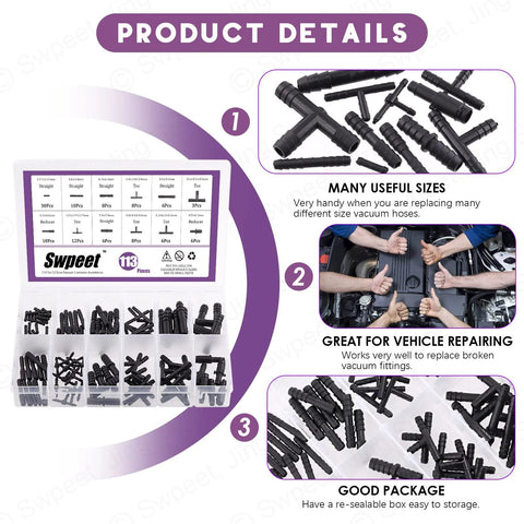 Swpeet 113Pcs barbed vacuum connector kit in a clear storage case with black tee, reducer and straight fittings.