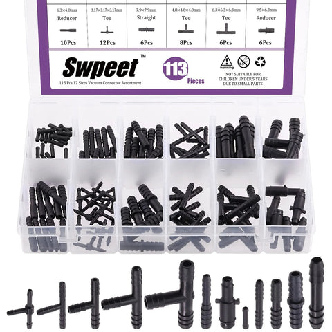 Swpeet 113-piece barbed vacuum connector kit; black automotive hose fittings in plastic case with tees and reducers