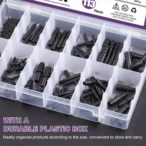 Swpeet 113-piece barbed vacuum connector kit in a clear plastic storage box with tee, reducer and straight connectors