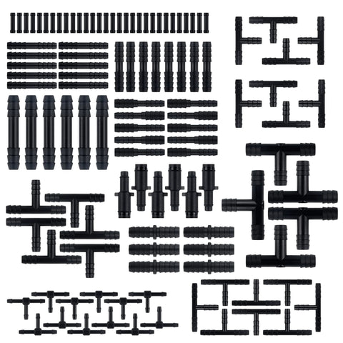 115-piece car vacuum hose connector kit, black heat-resistant plastic fittings including tees, straights, and reducers.