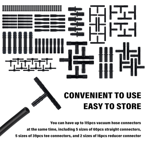 115-piece Amazon car vacuum hose connector assortment in black, includes tees, reducers, straight connectors.