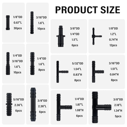 Automotive vacuum hose connector set, 115Pcs, 12 sizes including tee, straight, reducer; black plastic up to 240°C.