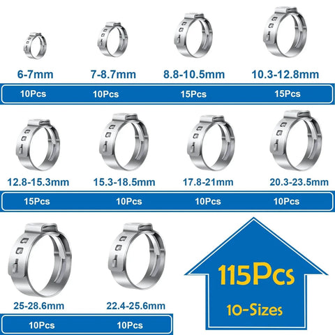 115Pcs 10 Sizes 304 Stainless Steel Single Ear Hose Clamps Set With Ear Clamp Pliers Crimp Hose Clamps Assortment Kit For Auto Vehicles Home Appliance Plumbing Pipes Fuel Lines Stepless Clamp Range 6 to 28.6mm, sizes and counts diagram