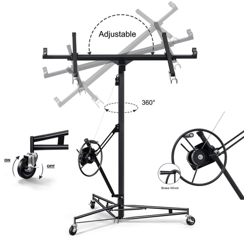 11 ft Drywall Lift with 360° adjustable telescopic arm and three lockable wheels for stable alignment in automation