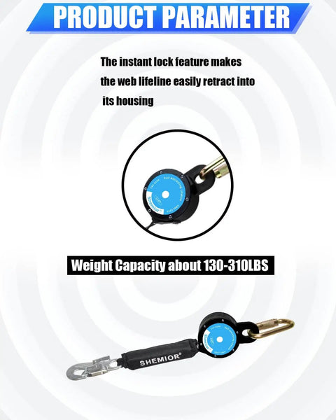 11 Foot Web Self Retracting Lifeline With No Tangle Lightweight Housing SRL External Shock Absorber Self Retractable Safety Lanyard for Fall Arrest PPE Gear shown with housing and weight capacity illustration.
