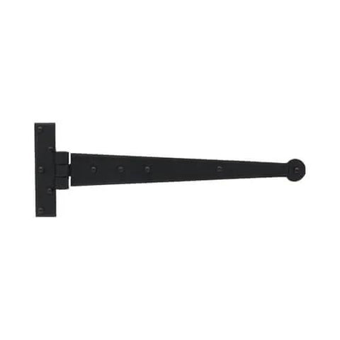 Bean Head Strap Hinges In Wrought Iron Hardware 15 Inch Pair With Hammered Edging And Black Powder Coat Finish, Colonial Style Hand Wrought Hinges