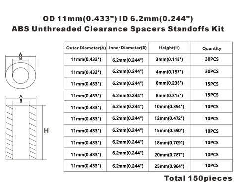 Diagram showing 11mm outer diameter ABS unthreaded clearance spacers standoffs kit for M6 screws with various lengths, total 150 pieces.