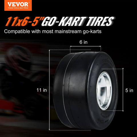 Go Kart Tires and Rims, 11x6-5" Go Kart Wheels, close-up of black rubber tire with aluminum alloy rim, with size dimensions.