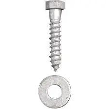 Hot Dipped Galvanized Lag Screw Kit Five Eighth Inch By Six Inch Exterior Use Includes Twenty Five Lag Screws And Twenty Five USS Flat Washers Partial Thread Heavy Duty Commercial Grade A307 ASTM Compliant Ideal For Decks Fences Siding By Fastener Depot showing single screw and washer