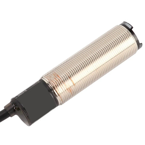12-24VDC Cylindrical Photoelectric Switch With Diffuse Reflection Sensor, 2m Cable, shown in close-up with metallic finish