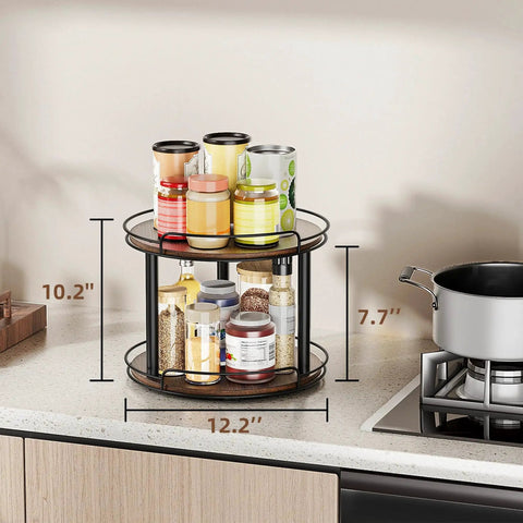 12.2 Inch Wood Lazy Susan Turntable Organizer With Two Tiers For Cabinet Kitchen Countertop Pantry And Bathroom Storage Space Saving Spice Rack For Tabletop And Shelves with jars