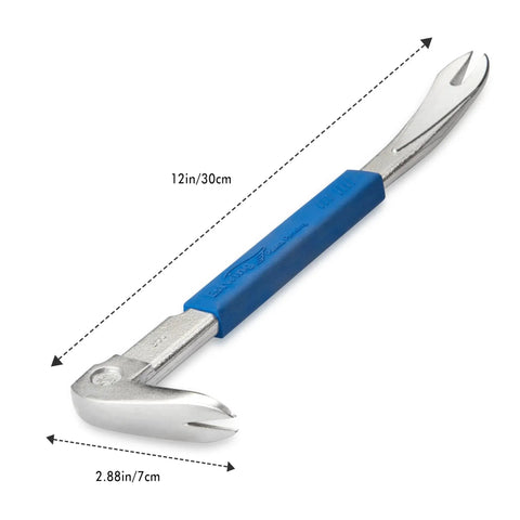 12.5 Inch Pro Claw Nail Puller delivers forged steel one-piece construction with cushioned grip, shown in side view with measurements.