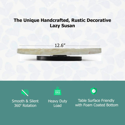 12.6 inch decorative lazy susan turntable with mother of pearl inlay, handcrafted rotating tray side view on patterned background.