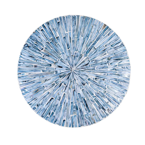 12.6 inch mother of pearl lazy susan turntable with blue starburst design, decorative tray viewed from above.