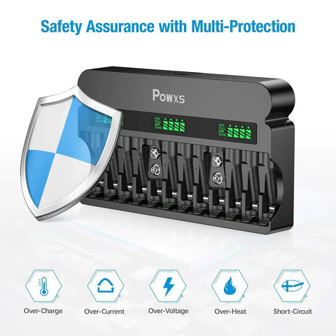 12 Bay Independent Fast Charging Battery Charger For AA AAA 9V NiMH NiCd LCD with multi-protection shield and icons