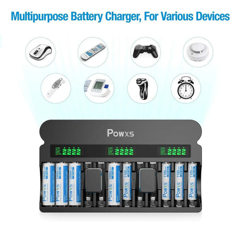 12 Bay Independent Fast Charging Battery Charger For AA AAA 9V NiMH NiCd LCD, showing batteries charged with icons of devices.