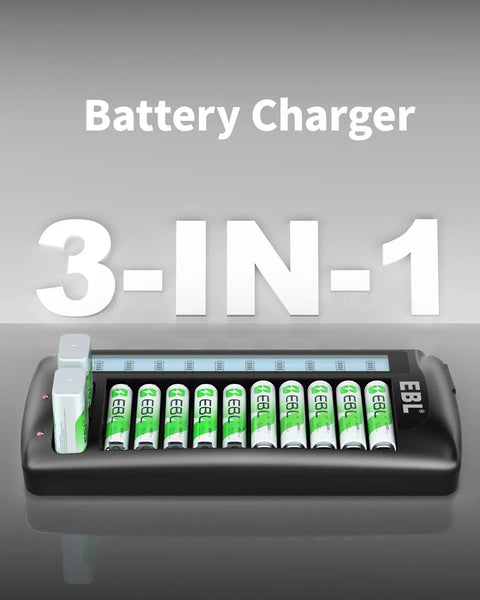 Front view of 12 Bay LCD Battery Charger For AA Or AAA And 9V With 10 AA Or AAA and 2 9V Slots on gray background